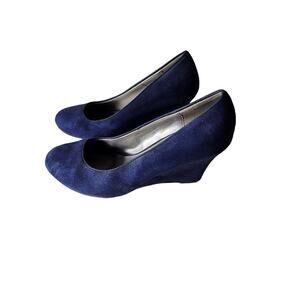 DEXTER Navy Blue Suede Wedge Heels Work Career SZ 7